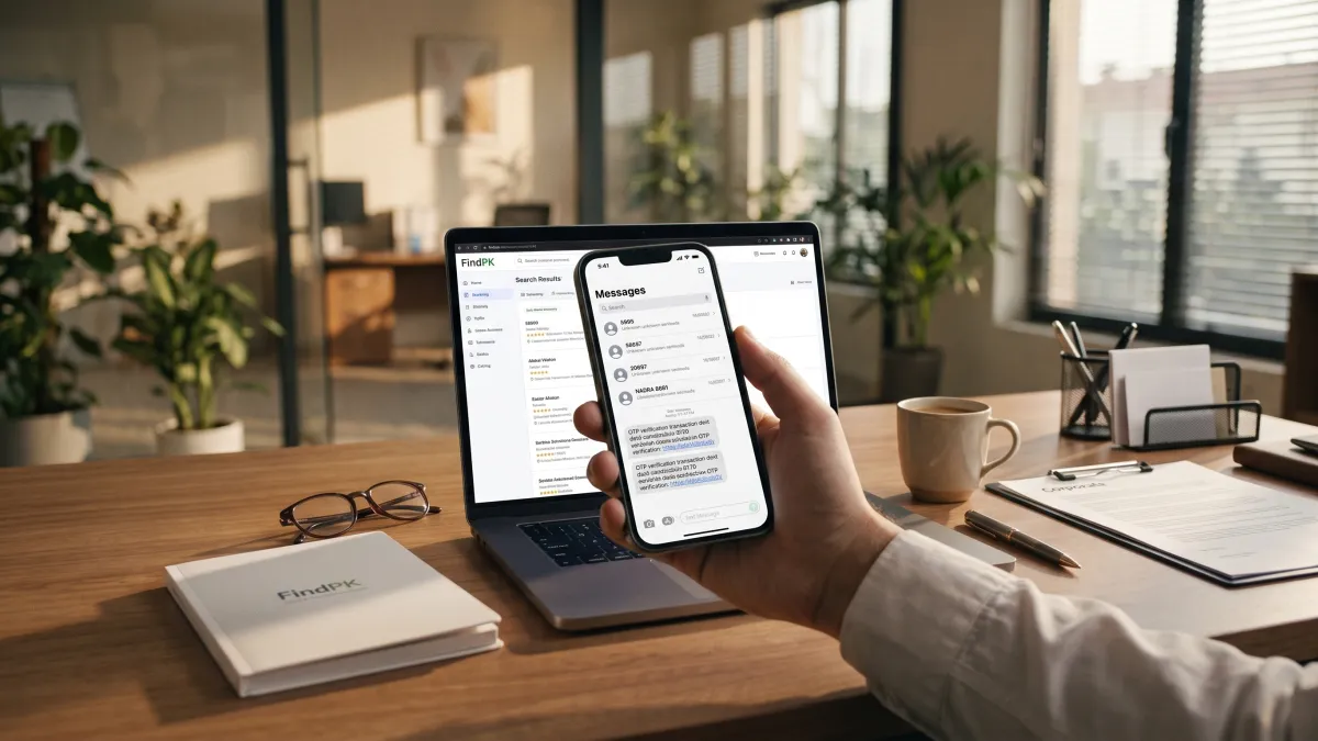 Smartphone displaying SMS verification shortcodes 5995 and 20697 next to laptop on office desk - FindPK