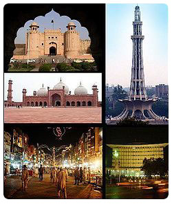 Clockwise from top: Alamgiri Gate , Minar-e-Pakistan,  WAPDA House , Food street in Lahore , Badshahi Mosque